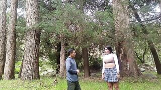 A pretty woman has sex with a forest hermit in a steamy encounter