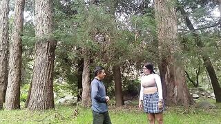 A pretty woman has sex with a forest hermit in a steamy encounter