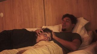 The guy was sleeping, and the girl made a deep blowjob