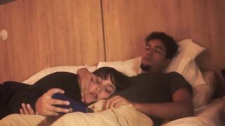 The guy was sleeping, and the girl made a deep blowjob