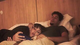 The guy was sleeping, and the girl made a deep blowjob