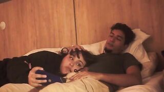The guy was sleeping, and the girl made a deep blowjob