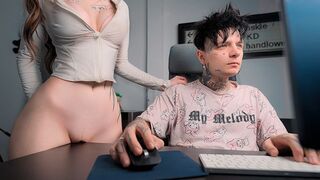 The girl caresses the cock through the pants, rubbing her pussy