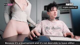 The girl caresses the cock through the pants, rubbing her pussy
