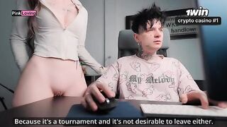 The girl caresses the cock through the pants, rubbing her pussy