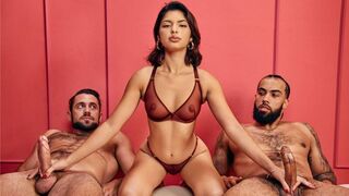 The guys just do not give her hands rest, moaning with pleasure