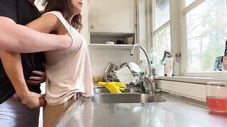 The sexy brunette has her boobs pressed and is very naughty