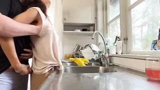 The sexy brunette has her boobs pressed and is very naughty