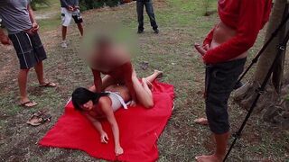 Beach picnic turned into a wild group sex session with cumshot
