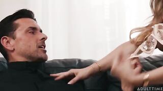 I fucked the brunette on the couch with a natural tits and finished on them