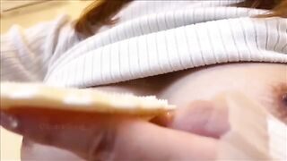 A Japanese woman masturbates her huge nipples until she reaches a powerful climax