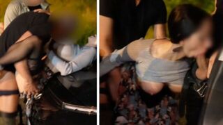 A girl was fucked by three guys right in the car