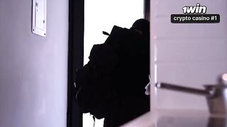 A woman with a huge ass is being robbed in her home