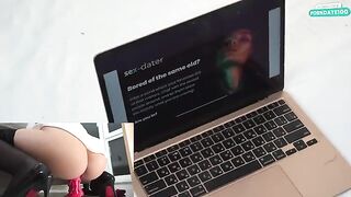 A flexible woman fucks in the office, showcasing her shaved pussy and heels