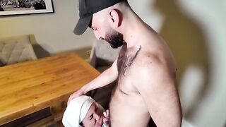 An 18-year-old girl is having fun with two muscular guys at work