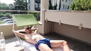 The pretty girl gave blowjob on the balcony of the luxurious Italian house