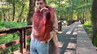 Babe fucked in public with a cock and anal plug outdoors