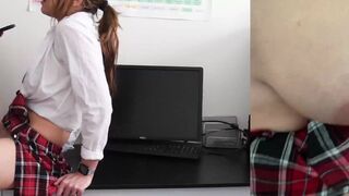 A schoolgirl got caught jerking by her teacher, who then fucked her