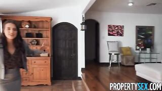 A hot brunette real estate agent sells a house and her body