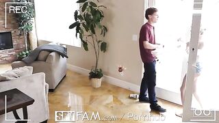 A step sister is caught sneaking into a room for sex in this steamy scene