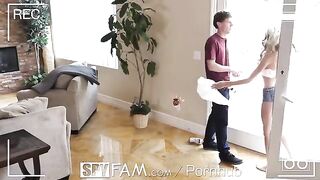 A step sister is caught sneaking into a room for sex in this steamy scene